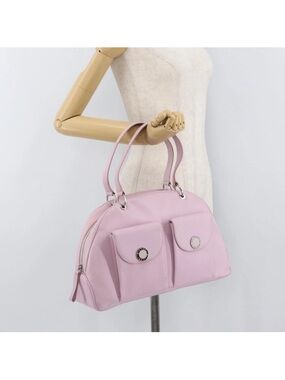 Bvlgari Pink Pebbled Leather Bowler Satchel Handbag Silver Hardware